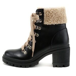 SODA Shearling Heeled Combat Booties - Black Pleather Moto
